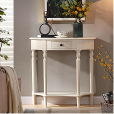 Konsolentisch Schmal Halbmond aus Massivholz, Konsolentisch Flur mit Schublade und Ablage für Wohnzimmer, Flur oder Schlafzimmer(White,80cm/31.5in)