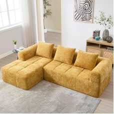 Modulinė L formos kampinė sofa su miego funkcija, 3 sėdimų vietų sofa, sofa-lova su šezlongu, porankiais ir 3 pagalvėlėmis, sekcinė sofa svetainei ir miegamajam, geltona