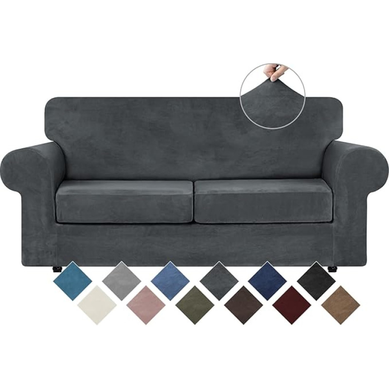 WEERRW Velvet Couch Covers for 2 Cushions Couch Sofa - High Stretch Luxury Velvet Plush 3 Pieces Sofa Covers with Elastic Bottom, Furniture Protector for Pets, Machine Washable, Dark Grey, Medium