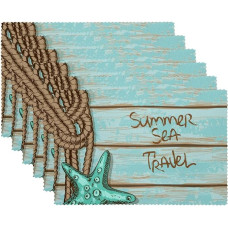Stoff-Tischsets, waschbare Tischsets für Esstisch, 6er-Set,Retro Holzbretter Sommer Seesterne Muscheln