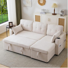 KAZZIO sofa lova su miego funkcija, L formos sofa, modernaus dizaino minkšti baldai, sofa, poilsio kėdė su laikymo vieta, su gėrimų laikikliu, svetainės sofa lova, keičiama kairėn ir dešinėn (smėlio spalvos)