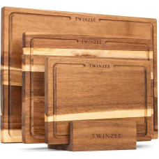 Twinzee Chopping Board Set of 3 (40 x 30/33 x 24/26 x 18 cm) Made of Solid Acacia - Wooden Chopping Board with Board Stand, 2 cm Thick Wooden Boards with Juice Groove