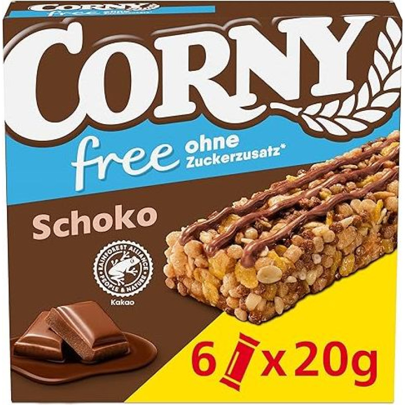 Cereal Bar Corny Free Chocolate | Bar with Delicate Milk Chocolate | Snack without Added Sugar | 68 kcal per Bar | 6 x 20 g