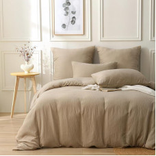 Musselin Bettwäsche 4teilig - 2X Bettbezug 135x200 cm + 2X Kissenbezug 80x80 cm | Atmungsaktiv, Anti-Allergisch & Pflegeleicht | Für Zwei Einzelbetten mit Reißverschluss （Khaki ）