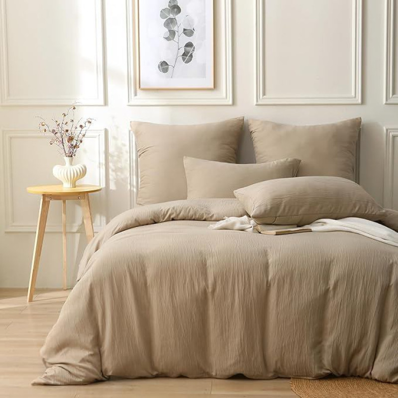 Musselin Bettwäsche 4teilig - 2X Bettbezug 135x200 cm + 2X Kissenbezug 80x80 cm | Atmungsaktiv, Anti-Allergisch & Pflegeleicht | Für Zwei Einzelbetten mit Reißverschluss （Khaki ）
