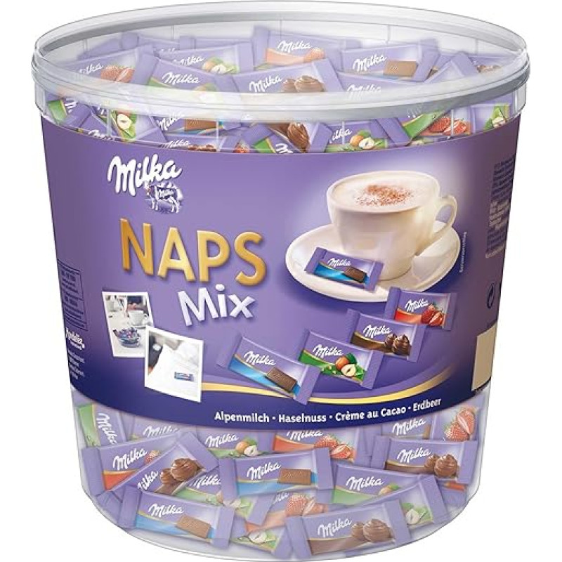 Milka šokolado plytelė NAPS Mix Alpine Milk/Hazelnut/Crème au Cacao/Strawberry, skaidrus indelis, 218 x 4,6 g (1 kg)