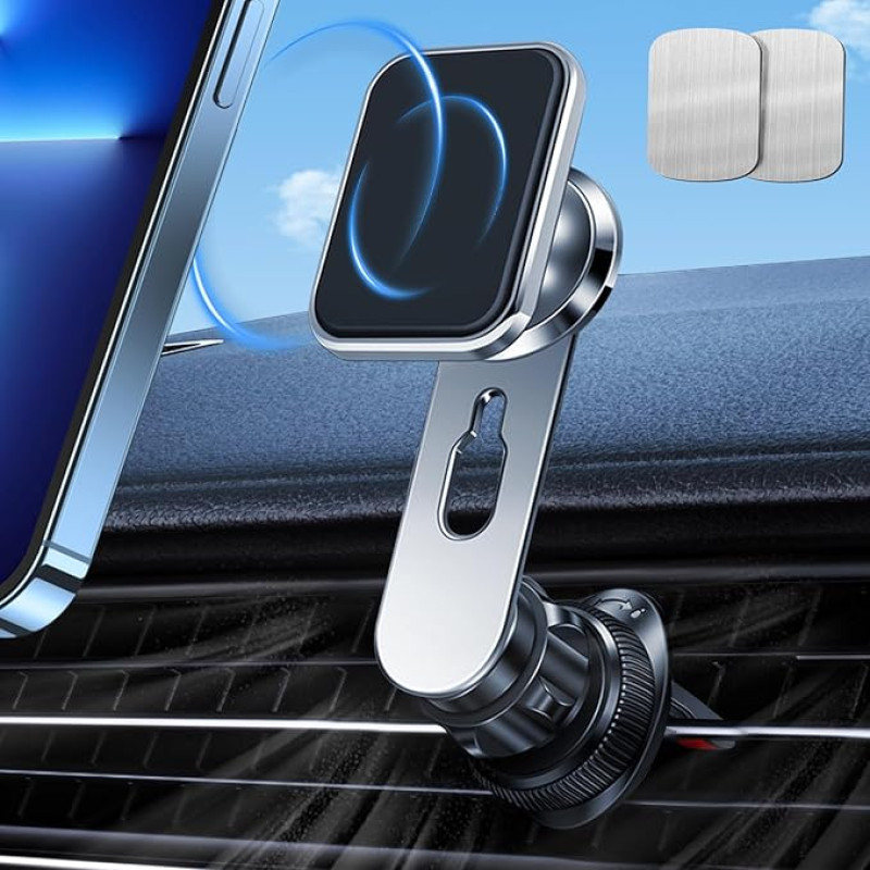 Magnetinis automobilinis telefono laikiklis su N52 magnetais, 360 laipsnių kampu pasukamas automobilinis laikiklis oro ventiliacijos angai, patobulintas kablio spaustukas ir valdymas viena ranka - tinka visiems 4-7 colių telefonams [sidabrinis]