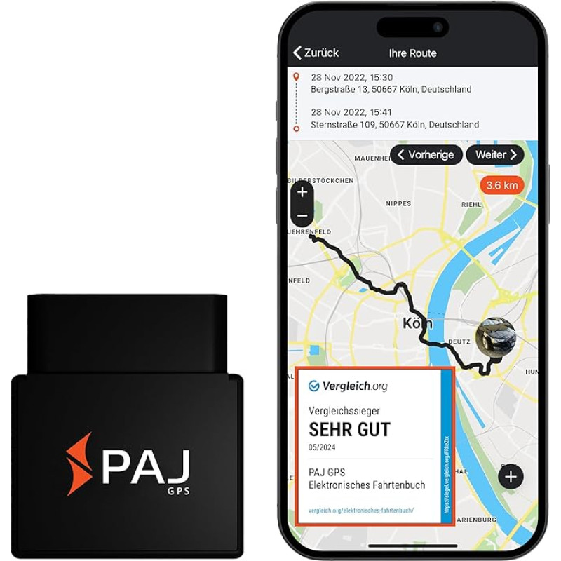 PAJ GPS Electronic logbook, tax authority compliant, seamless & tamperproof, OBD2 plug, automatic GPS recording, global SIM card, car, truck and much more