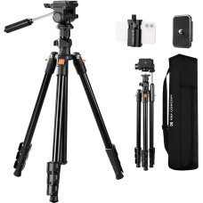 K&F CONCEPT 196 cm Camera Tripod, Video Tripod, Lightweight Travel Tripod, Tripod with 3-Way Head, Aluminium Camera Tripod for DSLR, Tripod for Smartphone with Mobile Phone Holder O234A5+BV01