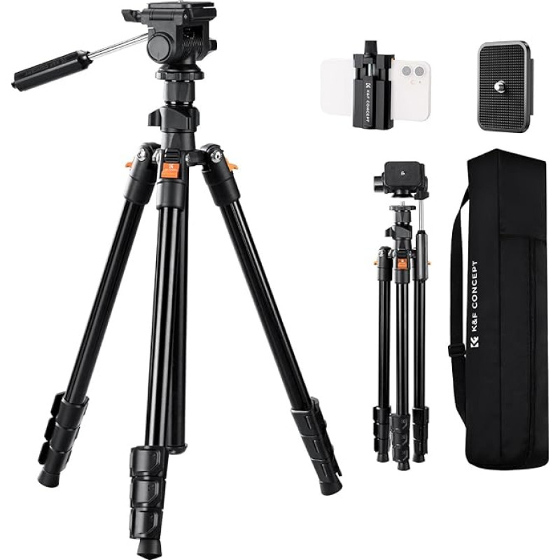 K&F CONCEPT 196 cm fotoaparato trikojis, video trikojis, lengvas kelioninis trikojis, trikojis su 3 krypčių galvute, aliumininis DSLR fotoaparato trikojis, išmaniojo telefono trikojis su mobiliojo telefono laikikliu O234A5+BV01