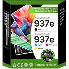 Washope 937 937e spausdintuvo kasetės suderinamos su 937 spausdintuvo kasetėmis HP 937e 937 XL Multipack, skirtos HP Officejet Pro 9120e kasetėms 9370e 9720e 9132e 9122e 9125e (juoda žydra, purpurinė, geltona, 4 vnt.)
