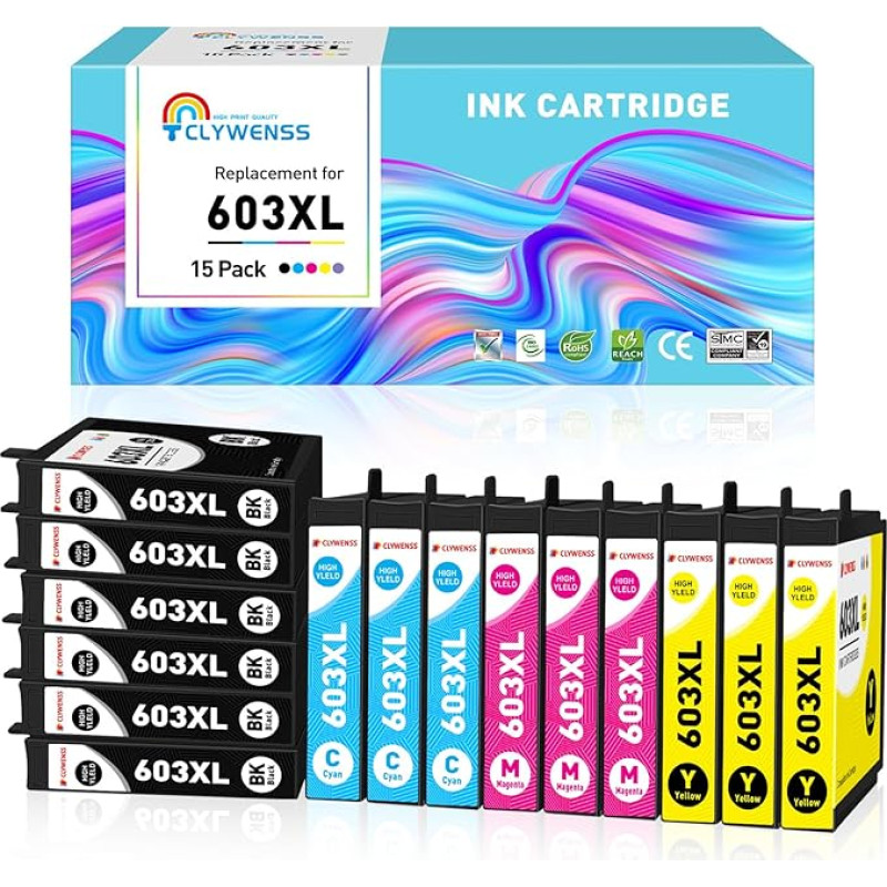 Pack of 15 Compatible 603XL Printer Cartridges with Epson 603 XL for Expression Home XP-3100 XP-3150 XP-3105 XP-2100 XP-2105 XP-4100 4105 2155 Workforce WF-2810 WF-2820 WF-2840 2845 2845 28 70 cartridges
