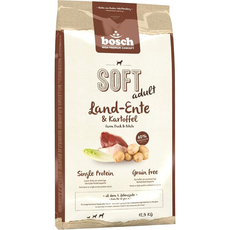 bosch HPC SOFT Country Duck & Potato | pusiau drėgnas maistas suaugusiems visų veislių šunims | Vieno baltymo | Be grūdų, 1 x 12,5 kg
