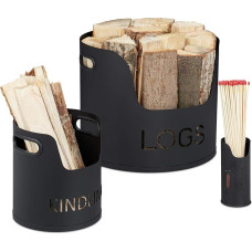 Relaxdays 10033836 Firewood Basket Set of 3 for Firewood, Kindling Wood and Matches, Wood Basket Metal, Diameter 37/19/6.5 cm, Black