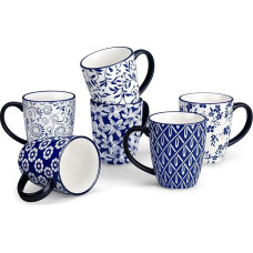 vancasso SELENE Coffee Cups Set of 6 Porcelain Mugs, 360 ml Coffee Cups with Handle, Cup for Coffee, Milk, Tea & Cocoa, Vintage Blue/White
