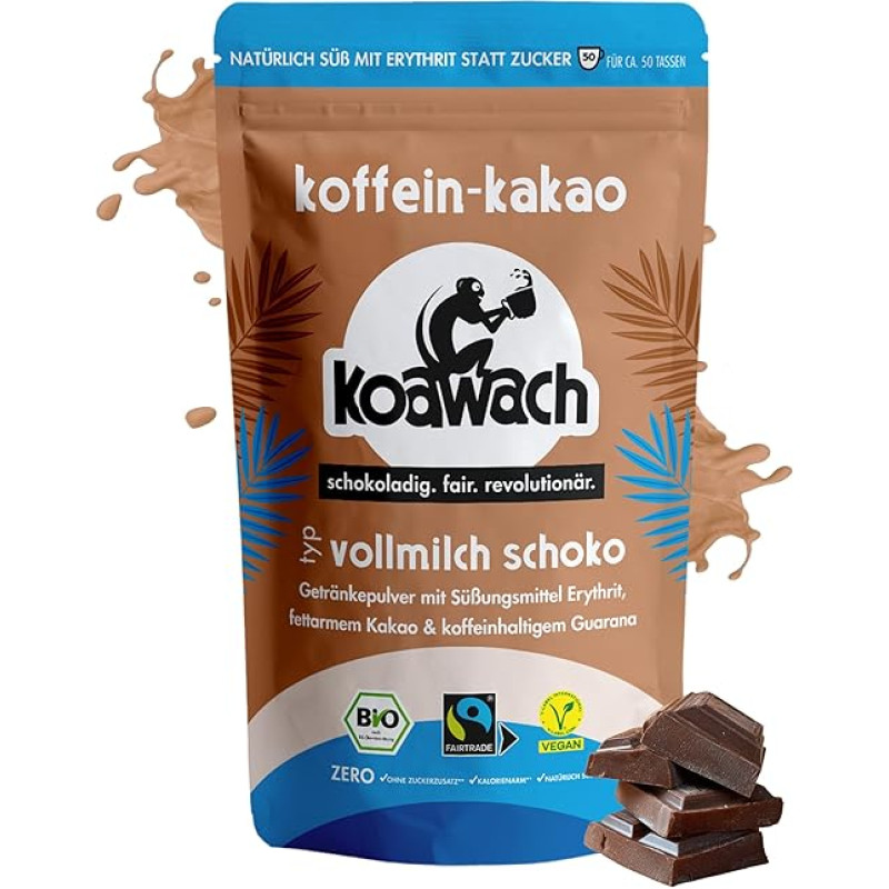 „koawach“ kakavos milteliai, pieno šokolado gėrimo milteliai, 500 g – be cukraus, ekologiški šokolado gėrimai su kofeinu iš guaranos ir eritritolio – veganiški ir „Fairtrade“ sertifikuoti – skanūs energijos suteikiantys kakavos milteliai karštiems ir šalt