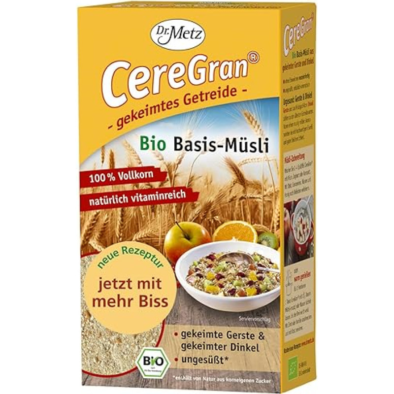CereGran Sprouted Cereal, Organic, 500 g, 100% Germinated Barley and Sprouted Spelt, from German Organic Agriculture, Rich in B Vitamins, No Added Sugar, Naturally Aromatic, Whole Grain