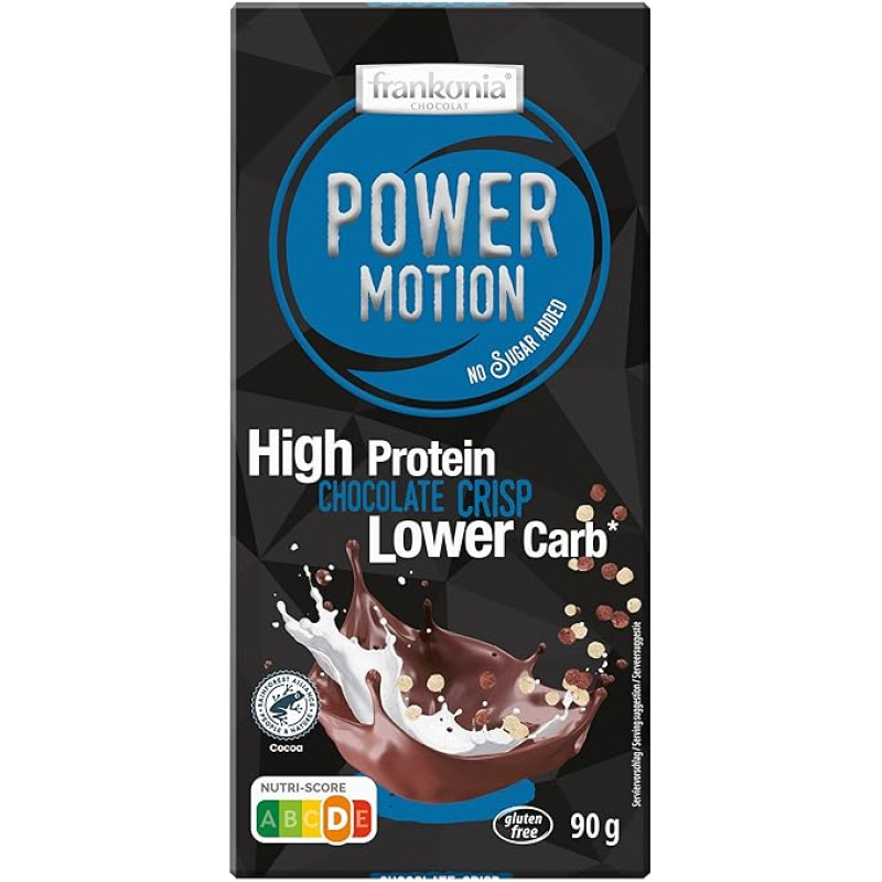 „frankonia CHOCOLAT Power Motion“ – šokoladiniai traškučiai be pridėto cukraus, su dideliu baltymų kiekiu ir mažesniu angliavandenių kiekiu, 90 g