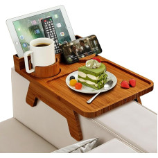 Bamboo Sofa Armrest Tray with Cup Holder & Non-Slip Pad for Couch | Side Press Bamboo in Dark Carbon Colour, Non-Slip, Universal Fit up to 30 cm, with Mobile Phone Holder for Sofa & Armchair