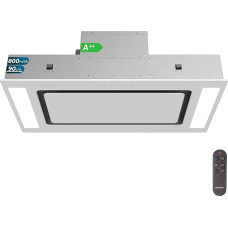 „Cecotec Bolero Flux Tir 908000“ stiklo baltumo spalvos A++ klasės lubinė virtuvės gartraukė, 90 cm, baltos spalvos stiklo efektas, siurbimo galia 800 m³/h, nuotolinio valdymo pultas, anglies filtras, galingumo padidinimo funkcija