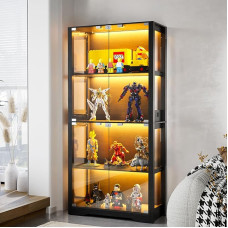 „TWSOUL“ vitrina su LED apšvietimu ir stiklinėmis durelėmis, 4-aukštė stiklinė vitrina, kolekcionierių vitrina su išmaniaisiais jutikliais, skirta kolekcionuojamiems daiktams, knygoms, žaidimų kambariui, darbo kambariui