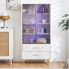 Collections Display Cabinet with Light, Glass Display Cabinet with Door and 2 Drawers, 150 x 70 x 35 cm, 16 Colours, Living Room Furniture, Glass, with Adjustable Shelves, Bookcase (D, White)