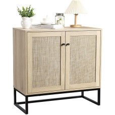 Rattan Sideboard Chest of Drawers with 2 Rattan Doors, Kitchen Cabinet Buffet with Adjustable Shelves, Wooden Side Cabinet, Storage Cabinet for Kitchen, Living Room, 80 x 38 x 78 cm