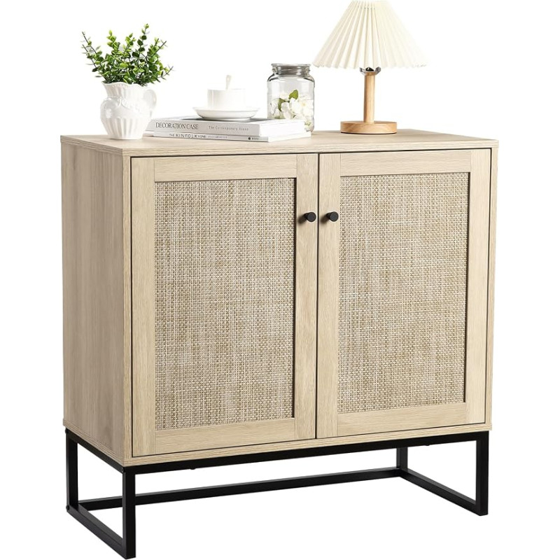 Rattan Sideboard Chest of Drawers with 2 Rattan Doors, Kitchen Cabinet Buffet with Adjustable Shelves, Wooden Side Cabinet, Storage Cabinet for Kitchen, Living Room, 80 x 38 x 78 cm