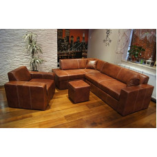 „Quattro Meble Antalya“ natūralios odos komplektas I: kampinis sofos komplektas 245 x 164 cm + fotelis + taburetė + 2 odinės pagalvėlės; sofa su miego funkcija ir daiktų laikymo dėže; natūralios odos kampinis sofos komplektas