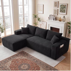 L formos modulinė kampinė sofa, juoda – lankstus derinimas, „Teddy Fleece“ medžiaga | Sofa-lova su 5 pagalvėlėmis ir šoninėmis kišenėmis, vakuuminiu būdu supakuota, 3-vietė, L formos sofa, skirta butų svetainėms, 263 x 168 x 79 cm