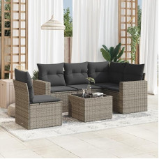 Hothingwell Gartenmöbel, 6-teilig, mit grauen Kissen, Sofa aus Polyrattan und Tisch aus gehärtetem Glas, modulares Set mit Stauraum unter Sitz und wasserdichter Tasche, abnehmbarer Bezug