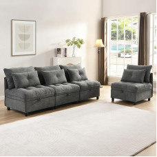 Modulinė sofa „Cloud“, antikinės pilkos spalvos sofų komplektas, 4-vietė modulinė, išardoma, laisvai derinama, daiktų laikymo erdvė po visomis sėdynių pagalvėlėmis, miego funkcija, šenilinė apdaila