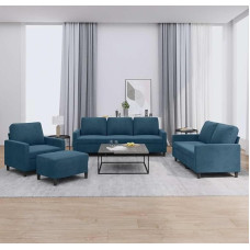 4 dalių minkštųjų baldų komplektas su mėlynos spalvos aksominėmis pagalvėlėmis, skirtas svetainei ir svečių kambariui, kurį sudaro kampinė sofa, miegamoji sofa, pufas ir atlošiamasis krėslas; kompaktiškas ir jaukus