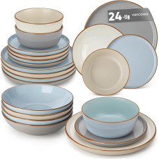 vancasso Reno Crockery Set for 6 People, 24-Piece Stoneware Plate Set Mix, Dinner Service with 6 Dinner Plates, Dessert Plates, Soup Plates, Cereal Bowls, Dishwasher Safe and Microwave Safe, Multicoloured