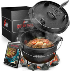 BBQ olandiškas puodas [Originalus] – 7,4 litro talpos olandiško puodo rinkinys su puodo laikikliu ir 1,8 litro talpos dangčiu, turinčiu dvejopą funkciją (taip pat gali būti naudojamas kaip kepimo keptuvė) – komplekte yra dangčio keltuvas ir elektroninė kn
