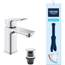 GROHE Dice, 1018610000 Energiją taupantis praustuvo maišytuvas su šaltu vandeniu, centrinė išleidimo anga (vonios kambario maišytuvas, 15 cm aukščio, su „Push-Open“ tipo išleidimo mechanizmu, komplekte su „3-in-1“ įrankiu, lengvas montavimas), chromuotas