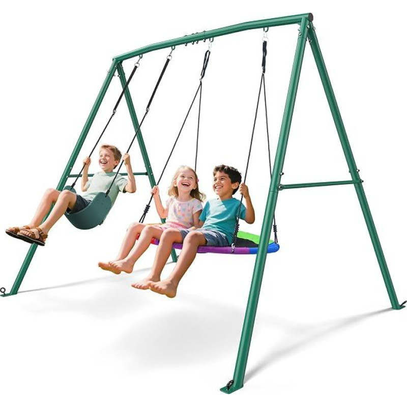 Trekassy 199.6 kg 2 Seat Swing Sets for Backyard, 1 Nest and 1 Belt Swing with Heavy Duty Outdoor A-Frame Metal Swing Stand for Playground Playset