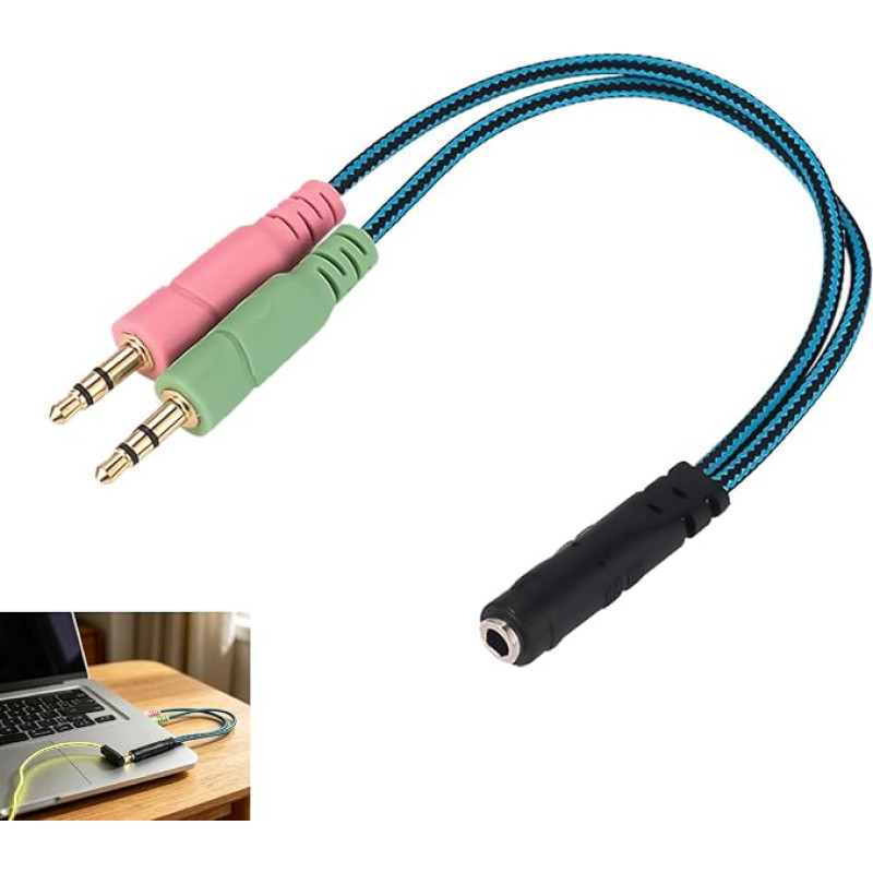 3,5 mm lizdo adapteris, Y formos garso skirstytuvas: 4 kontaktų TRRS į 2 x 3 kontaktų TRS skirstymo kabelis, 20 cm, CTIA ausinių adapteris, atskiras mikrofono ir ausinių jungimas, skirtas kompiuteriui, nešiojamajam kompiuteriui, dvigubam garso ir mikrofon