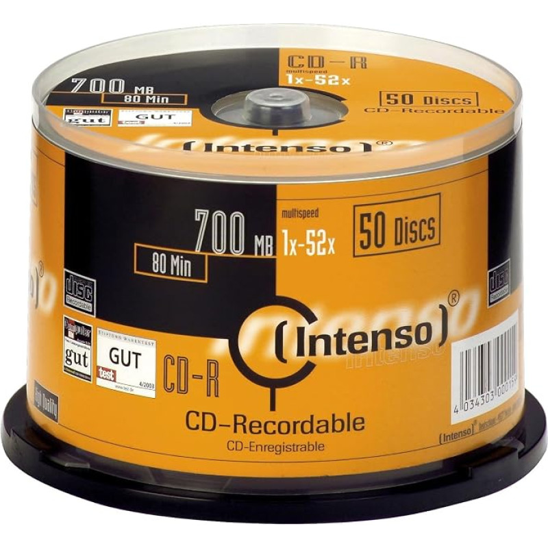 „Intenso 1001125“ CD-R 52x, 50 vnt. pakuotė „Cakebox“ | Aukščiausios kokybės duomenų ir garso įrašymo laikmena, suderinama su visais CD įrašymo įrenginiais, atspari įbrėžimams paviršius, užtikrinantis duomenų saugumą