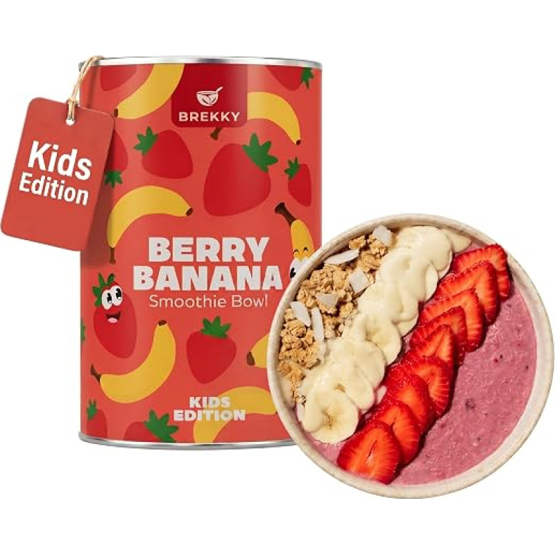 „BREKKY“ uogų ir bananų kokteilio dubenėlis vaikams – vaikų pusryčiai, kuriuos reikia sumaišyti | Sveiki vaikų pusryčiai su braškėmis ir bananais. Gausu ląstelienos. Veganiški. Paruošti per 1 minutę.