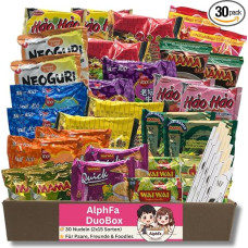 AlphFa DuoBox - 30 Asian Instant Noodles (2 x 15 Varieties) - Ramen Box with Flavours such as Chicken, Beef, Duck, Seafood - Gift Box Including Assessment Card & 5 Bamboo Chopsticks