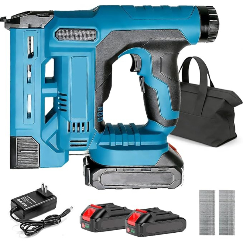 „2-in-1“ akumuliatorinis vinų šaudyklės rinkinys su 2 vnt. 2,0 Ah akumuliatoriais, suderinamas su „Makita“ 18 V akumuliatoriumi, 18 GA vinų šaudykle su maišeliu ir 1000 vinių bei spaustukų, reguliuojamu vinų įkalimo gyliu, skirtas medžio apdirbimui ir nam