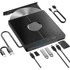 „RUIZHI“ išorinis CD/DVD diskų skaitytuvas su USB 3.0 Type-C jungtimi, išorinis su SD/TF kortelių skaitytuvu, nešiojamasis įrašymo-perrašymo įrenginys, išorinis DVD diskų skaitytuvas, skirtas visiems kompiuteriams: nešiojamiesiems, stacionariems ir „MacBo