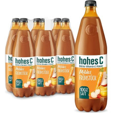 „hohes C Mild Breakfast“ (6 x 1 l), 100 % sultys, apelsinai, ananasai, obuoliai, acerola, vitaminas C, be pridėto cukraus, mažiau rūgšties, tinka veganams