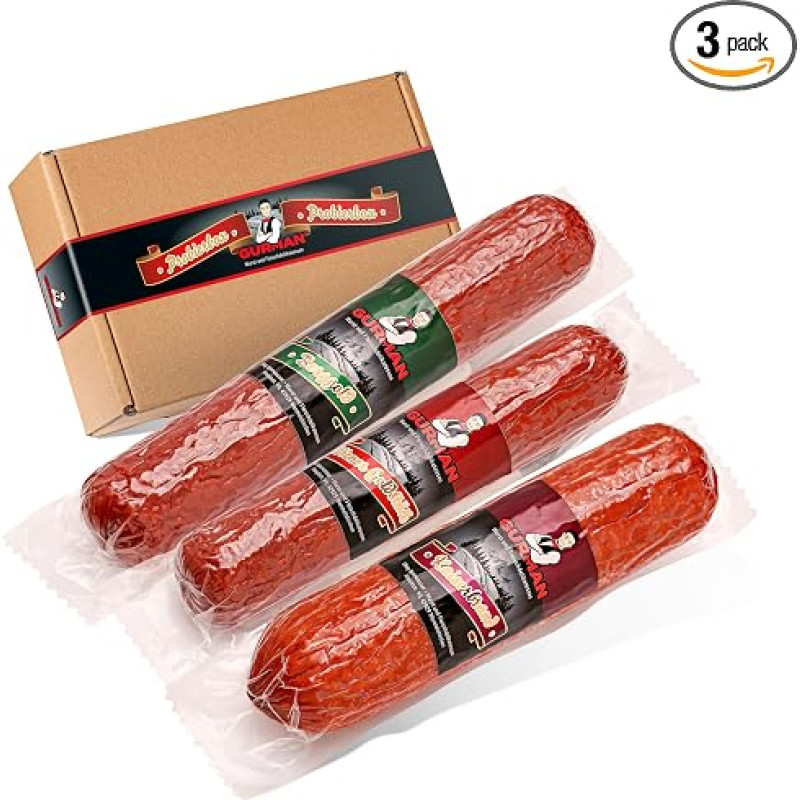 Salami dovanų rinkinys „Family Box“ 1200 g – dešrų dovanų rinkinys su 3 skirtingomis kepamomis salami rūšimis („Kaiserbrandy“ 500 g, „Mountain Gold“ 400 g ir „Viennese Gold Piece“ 300 g) – delikatesų dovanų idėja – GURMAN