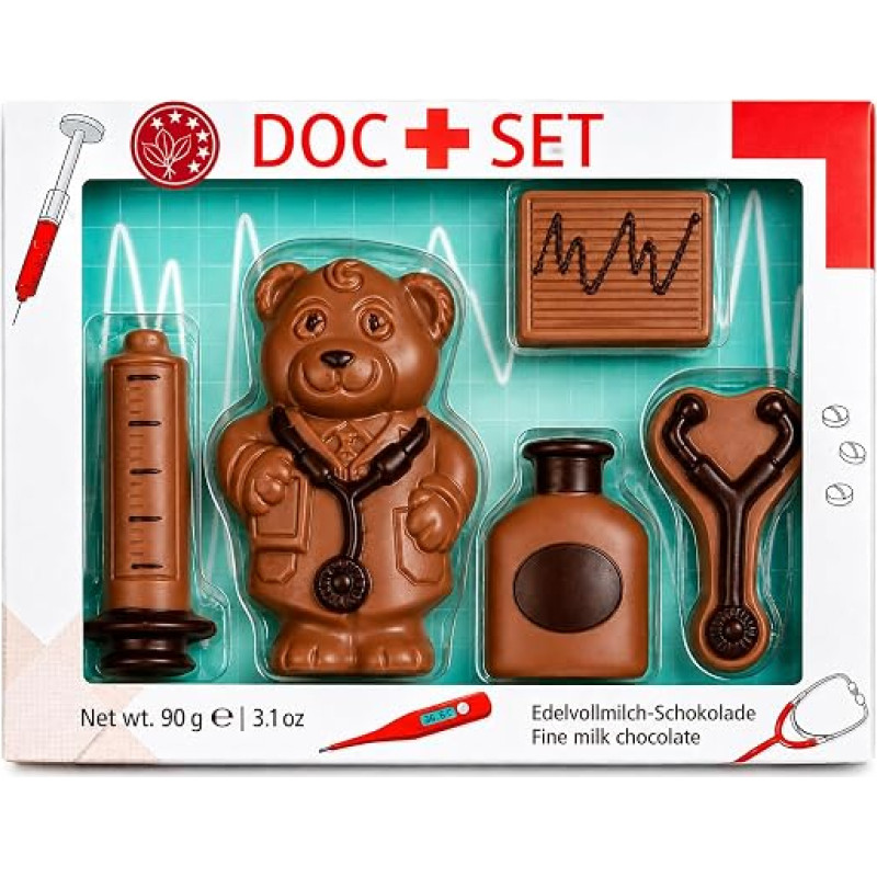 Doc Set Get Well Soon from Chocolate 90 g - Doctor Gift Box Made of Fine Milk Chocolate - 5-Piece Chocolate Doctor Set with Syringe, Stethoscope & Bear - Gift for Medical Professionals & Recovery