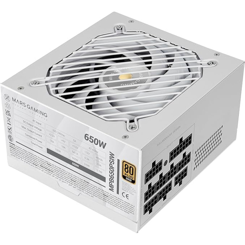 „Mars Gaming“ MPB650PSI, visiškai modulinis kompiuterio maitinimo blokas, 650 W, „80Plus Gold“ 90 %, „SI Extreme Silence“ ventiliatorius, „AI2-RPM“, „DC-DC“ ir „SMD“, ATX 3.1 ir PCIe 5.1, baltas