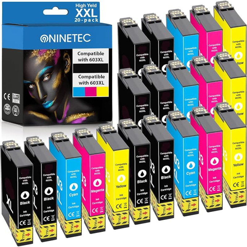 „NINETEC“ spausdintuvų kasetės, suderinamos su „Epson 603 XL“, „603XL“, „Expression Home XP“-4155, XP-4150, XP-4105, XP-4100, XP-2100, XP-2105, XP-2150, XP-2155, XP-3100, XP-3155, XP-3150, XP-3105, WF-2840 dwf, 2810dwf, 20