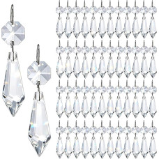 HDCRYSTALGIFTS 50 vnt. šviestuvo „ledo lašelių“ stiklo prizminių karoliukų aštuonkampė lempos dekoracija (38 mm ir sidabriniai apskritiminiai spaustukai)