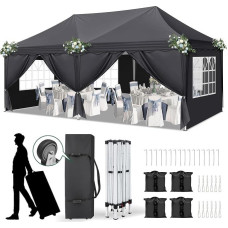 Bonnlo Folding Gazebo 3 x 6, Party Tent with Wheel Bag, Sturdy, Waterproof, Winterproof, Foldable Gazebo with 6 Side Walls and 1 Roof & 4 Sandbags, Anti-UV for Weddings, Outdoors, Dark Grey